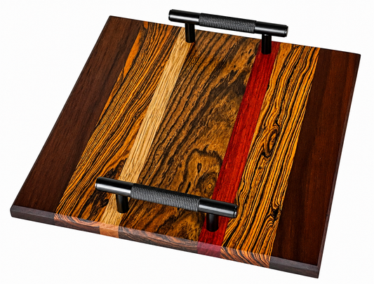 Mixed Exotic Wood Serving Board with Metal Handles